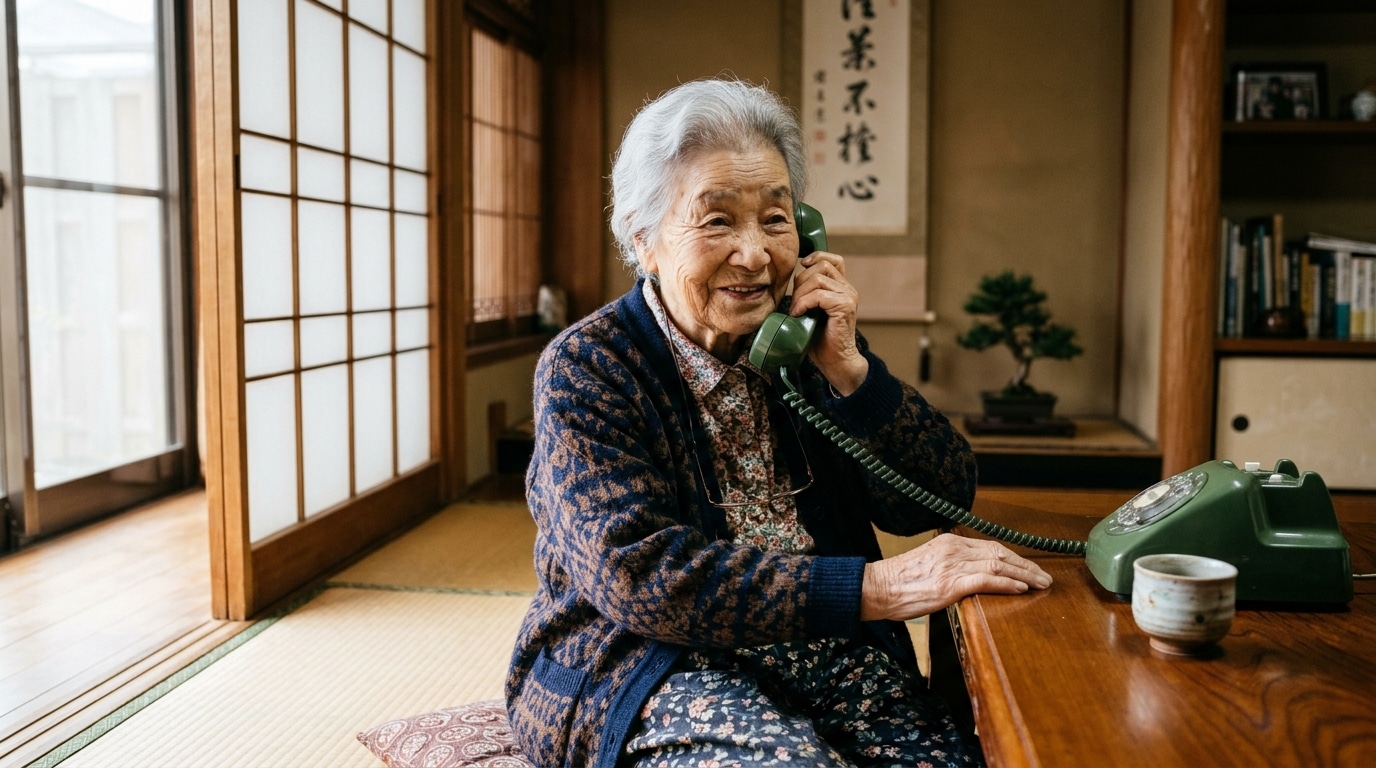 Nonagénaire japonaise au sourire malicieux, téléphone en main