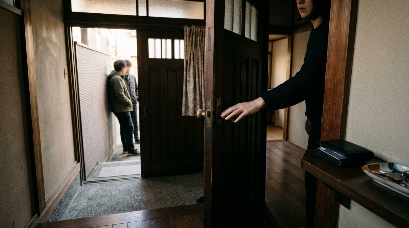 Entrée d'une maison japonaise, agents en embuscade près de la porte