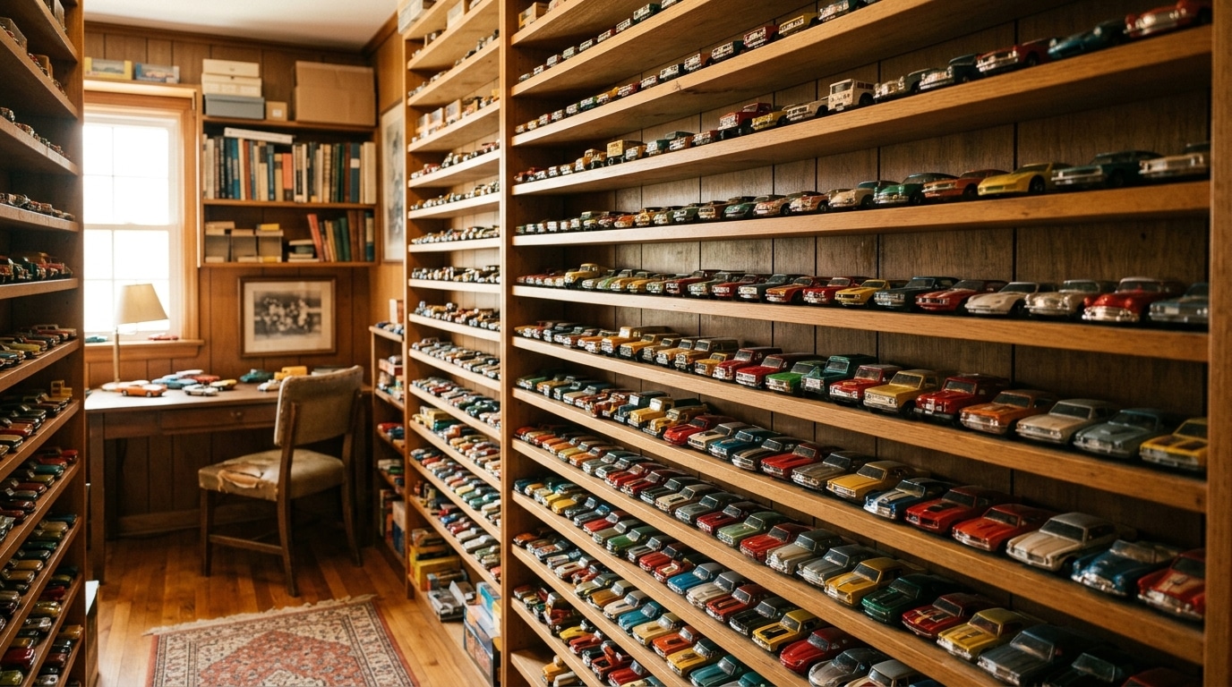 Étagères remplies de petites voitures miniatures de collection