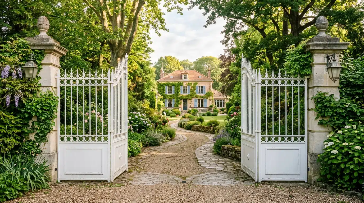 Le grand portail blanc de la propriété de La Jonchère à Rueil-Malmaison