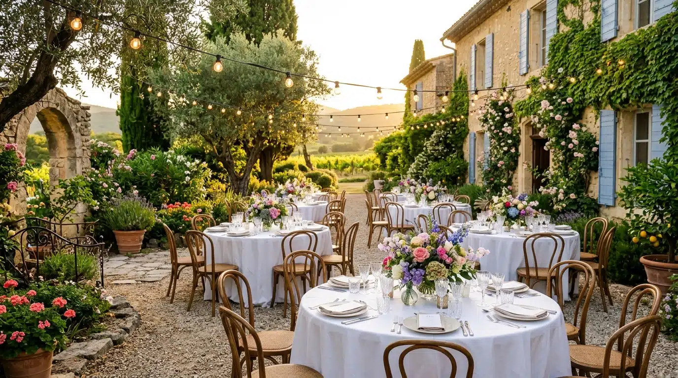 Décor de garden-party dans le jardin pour fêter les 100 ans prévus le 2 juillet 2028