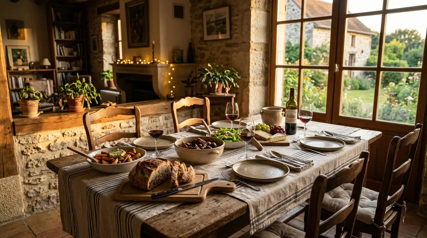 Table chaleureuse garnie de plats simples faits maison, prête pour un repas entre amis