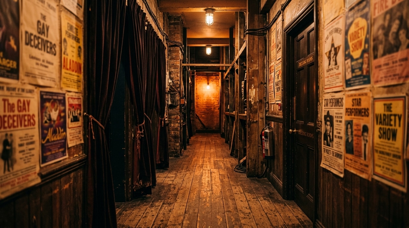Coulisses d'un théâtre baignées d'une lumière chaude, avec d'anciennes affiches de spectacle