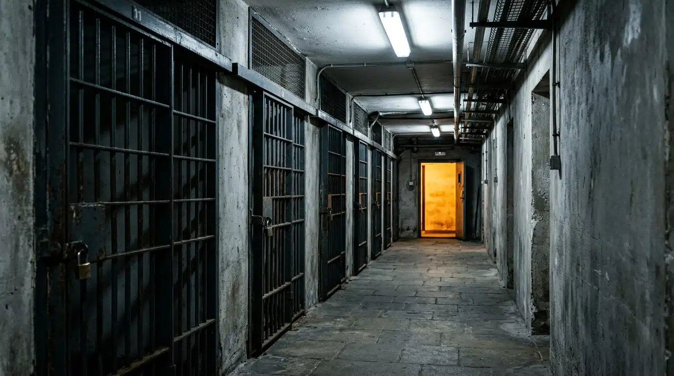 Couloir de prison austère avec lumière dorée au fond