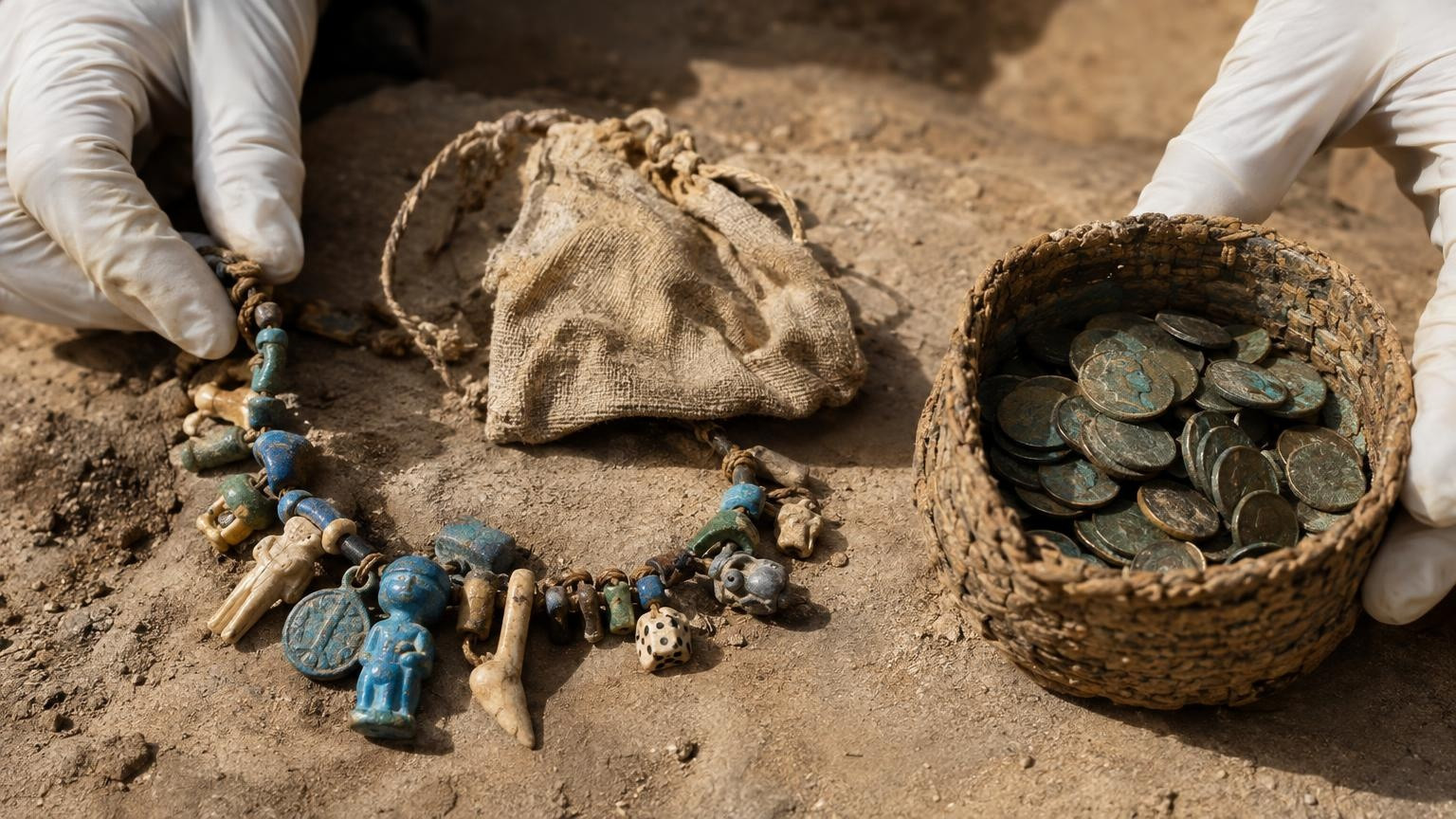 Collier d'amulettes et pièces de bronze sur de la cendre