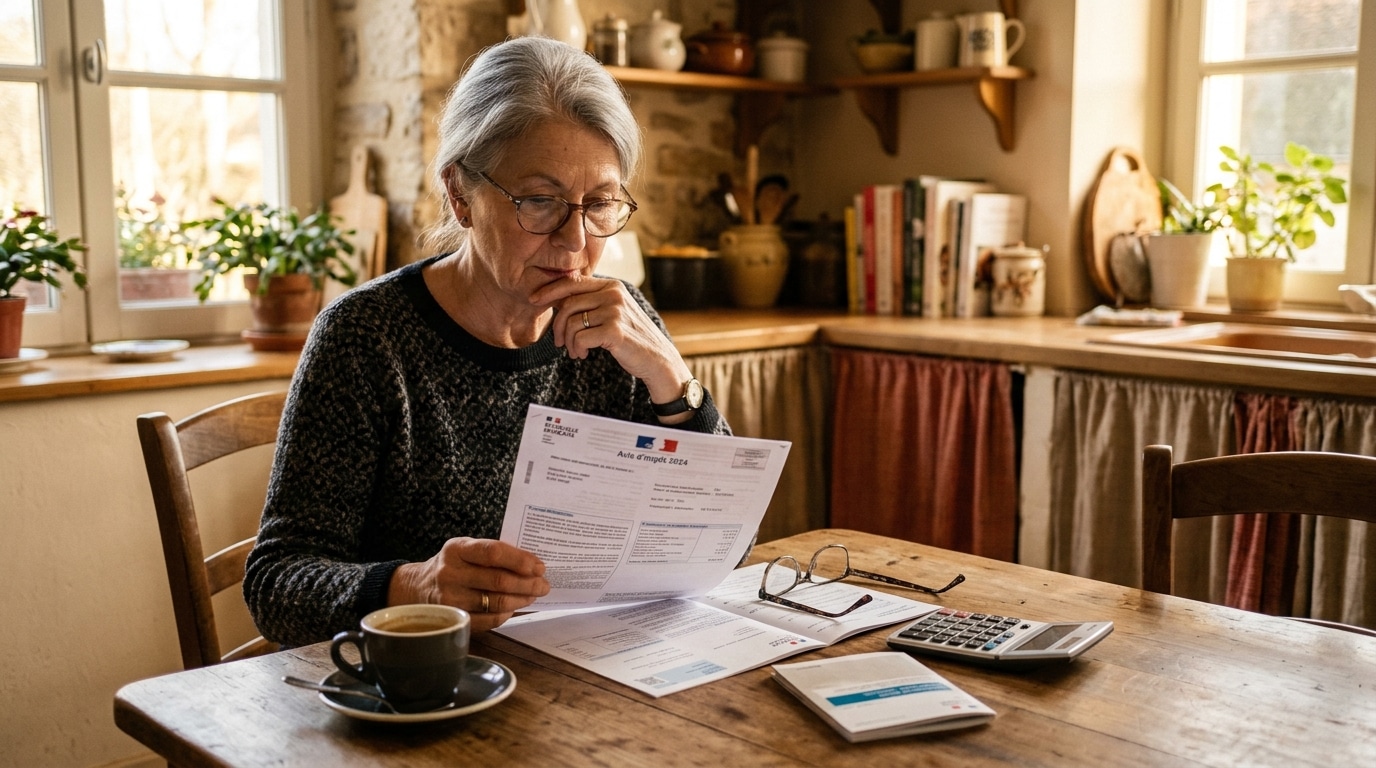 Retraitée lisant son avis d'impôt avec une calculatrice
