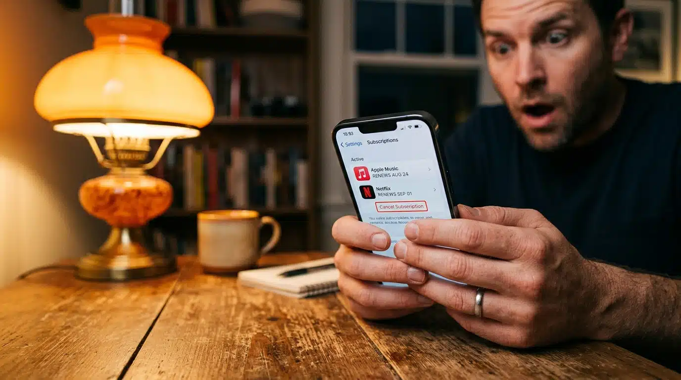 Mains tenant un iPhone pour résilier un abonnement