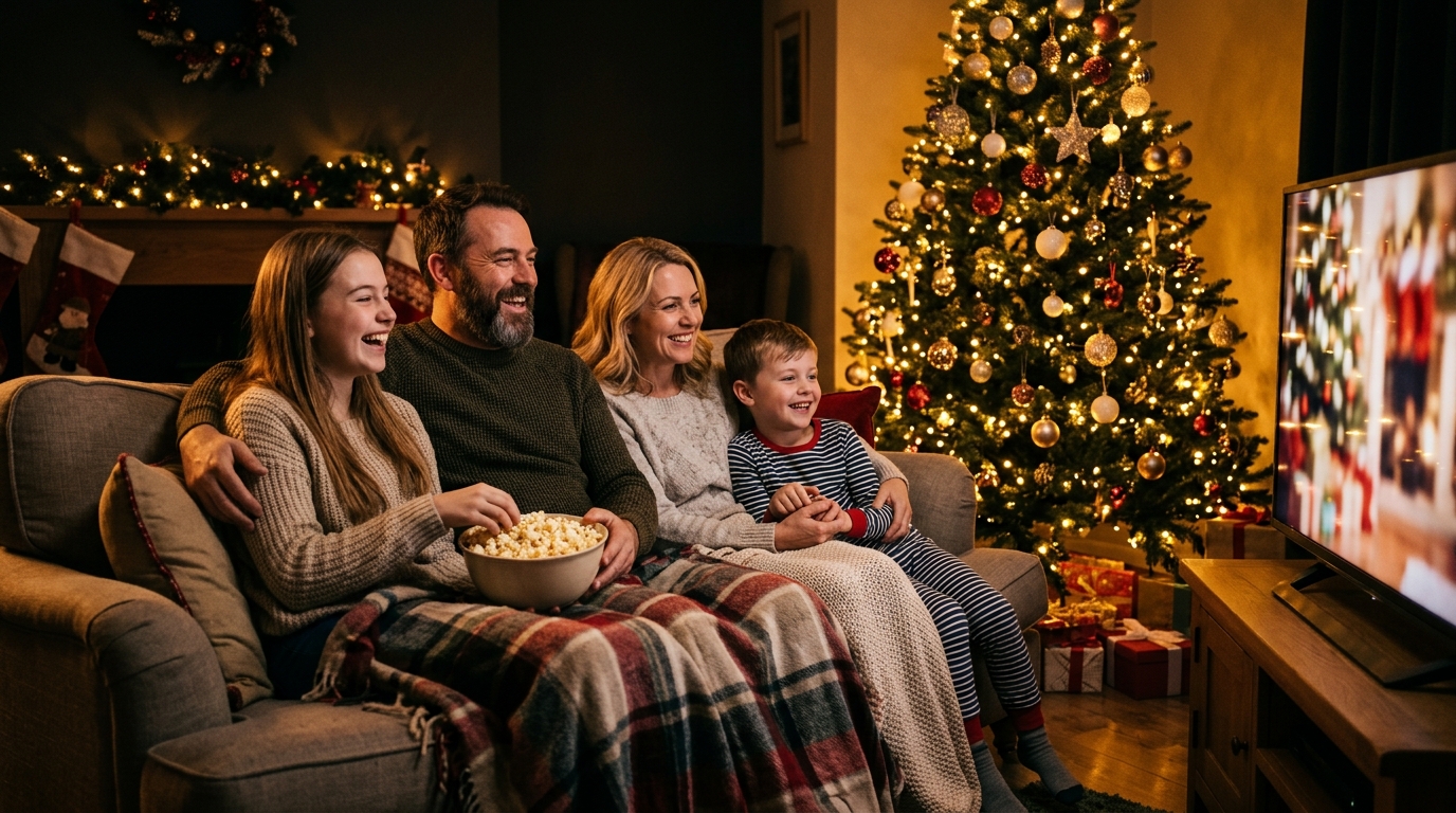 Famille devant la télé près du sapin de Noël