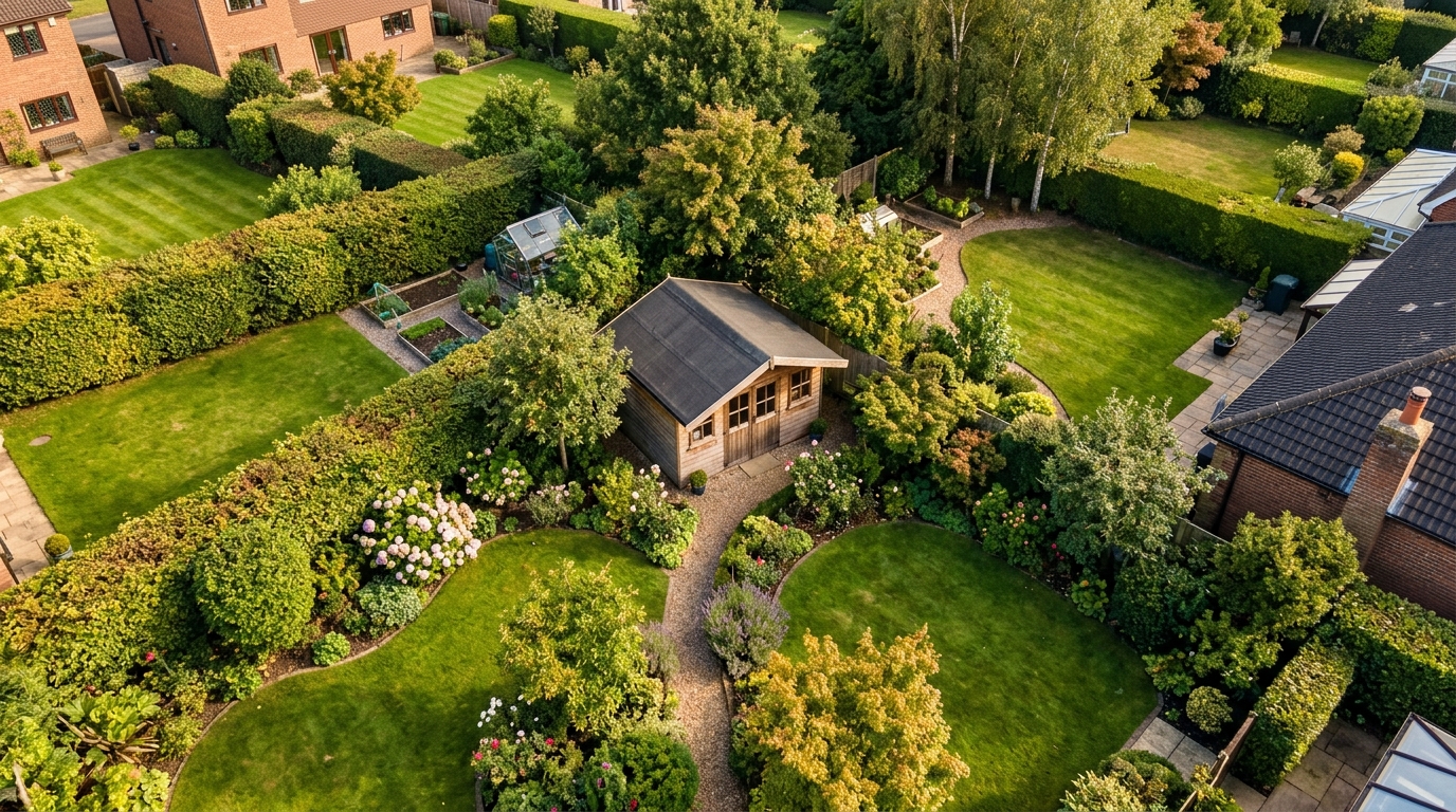 Vue aérienne d'un abri de jardin en bois