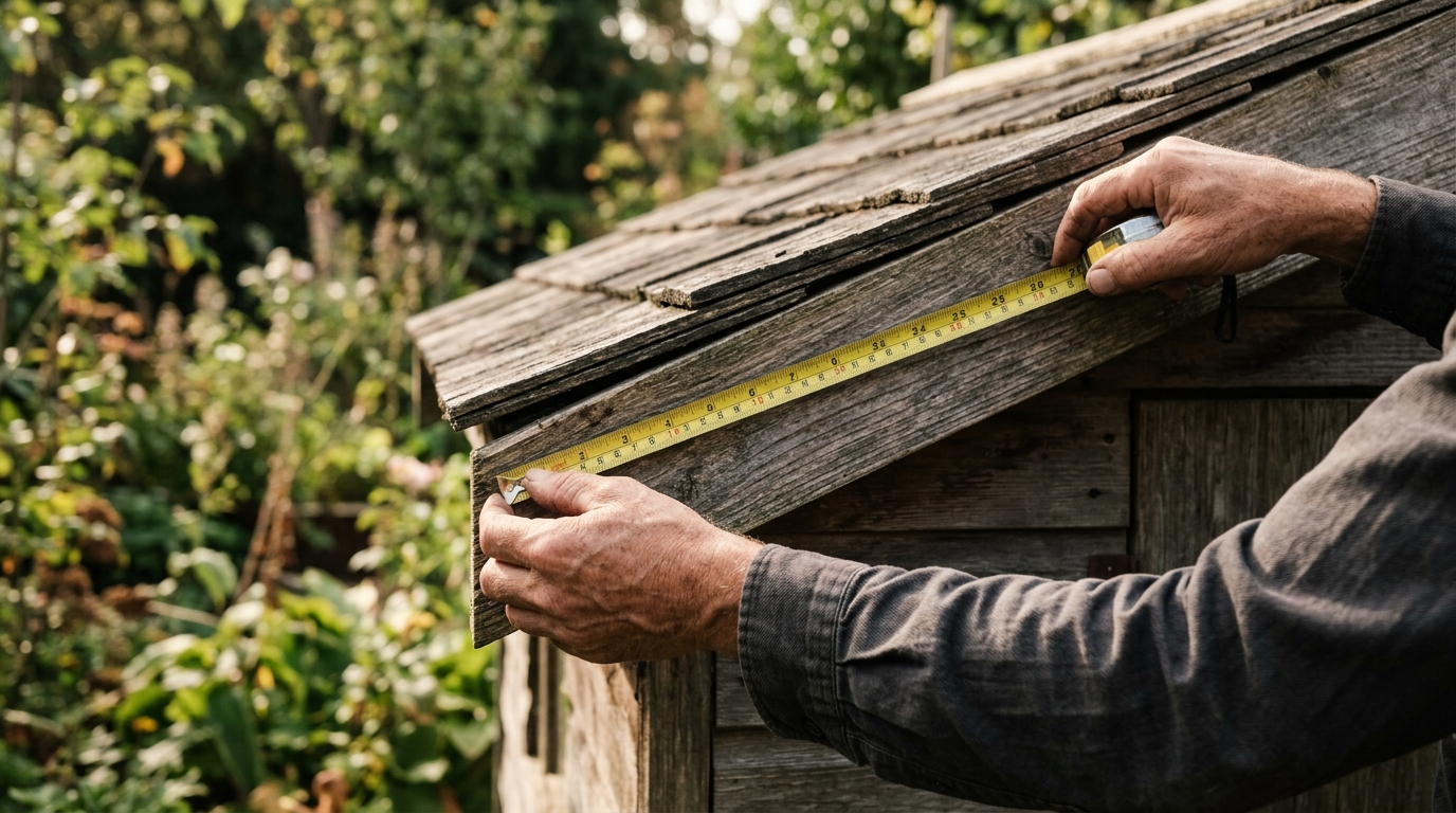Mains mesurant le débord du toit d'un cabanon