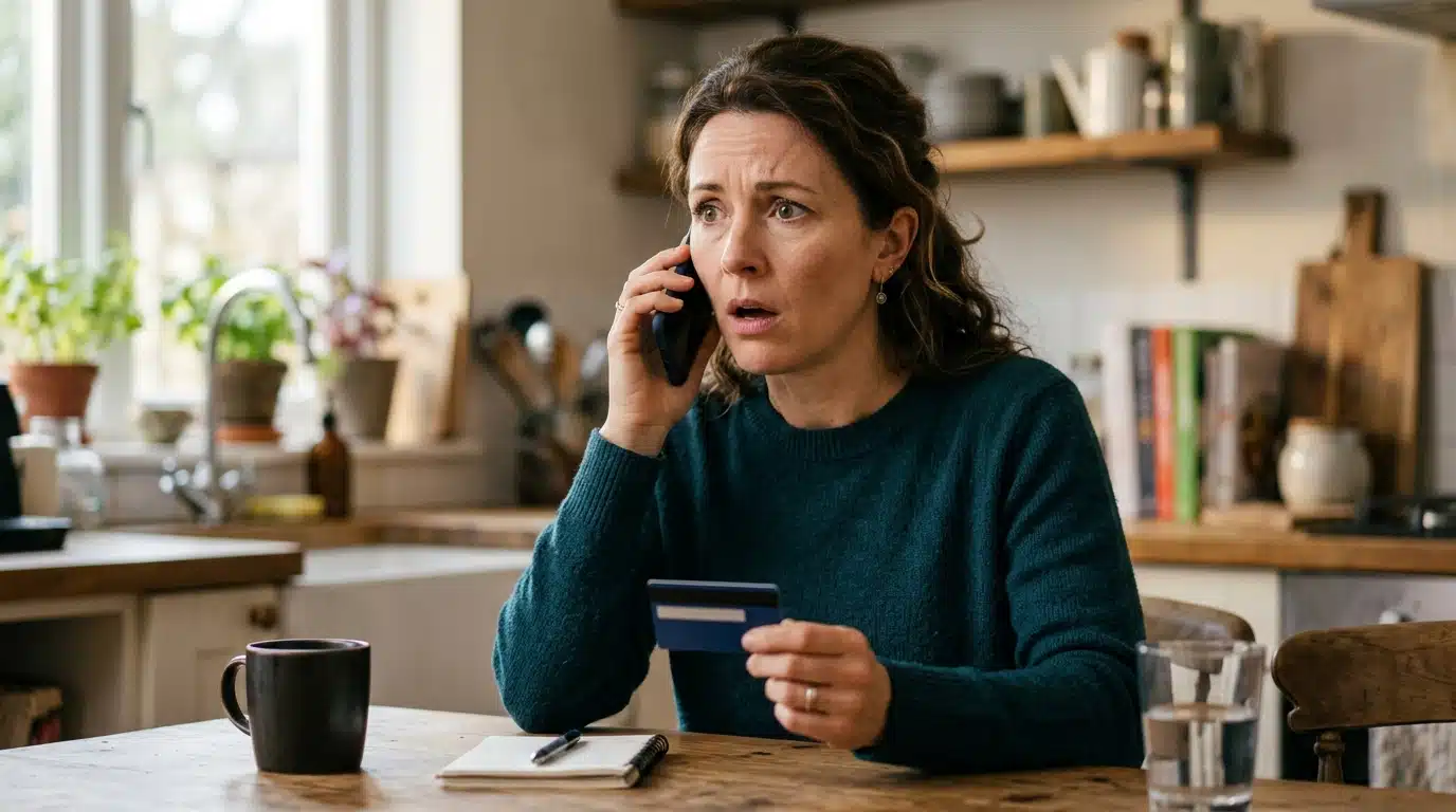 Femme inquiète au téléphone tenant une carte bancaire
