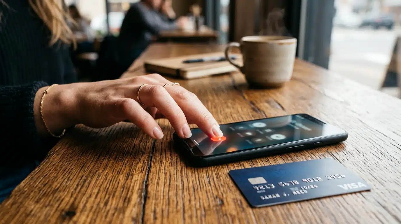 Main raccrochant un smartphone près d'une carte bancaire