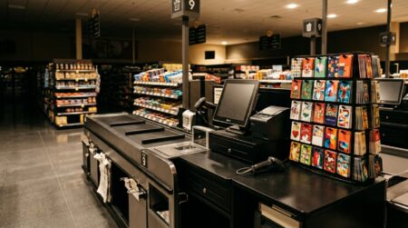 Caisse de supermarché vide avec des cartes-cadeaux colorées