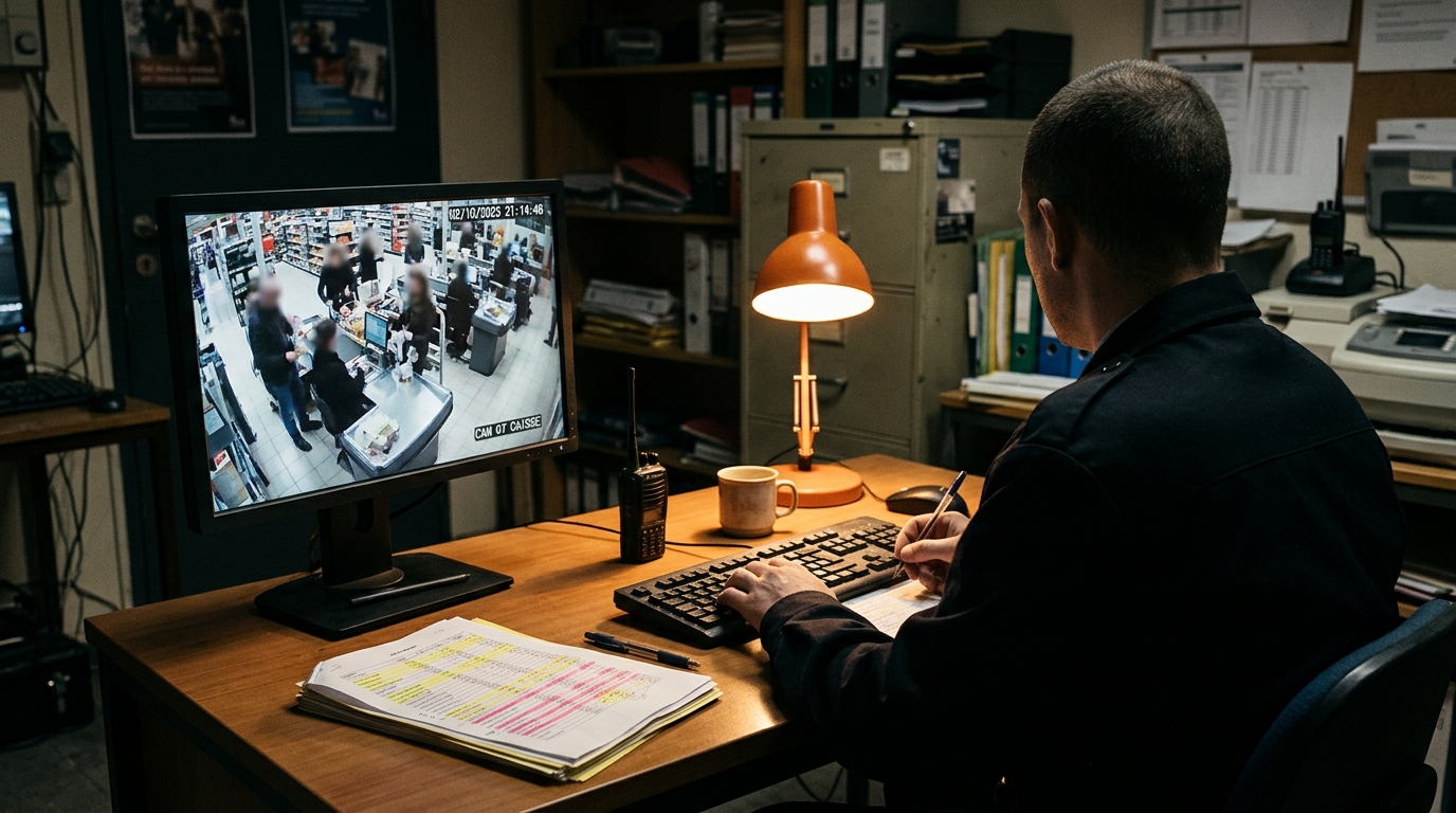 Écran de vidéosurveillance et relevés comptables dans un bureau de sécurité