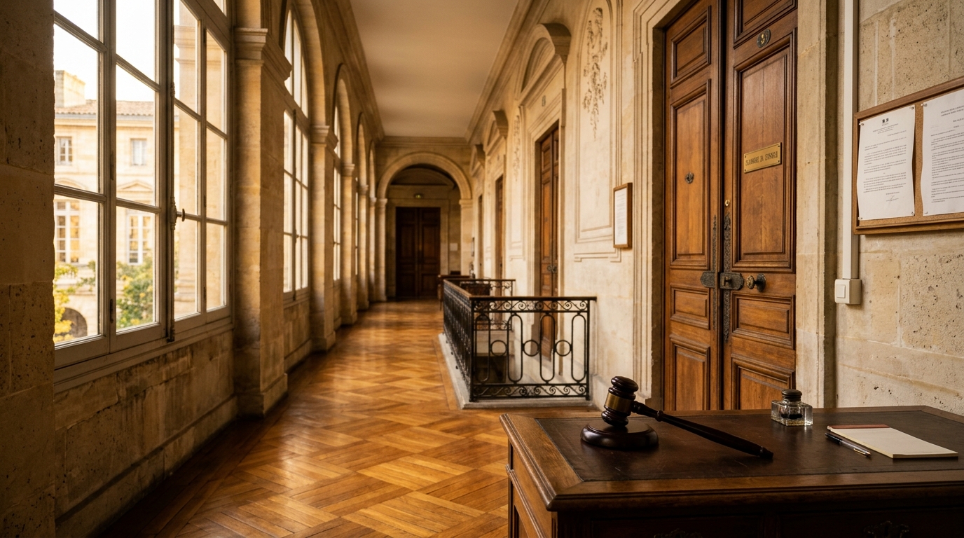 Couloir de tribunal français avec marteau de juge