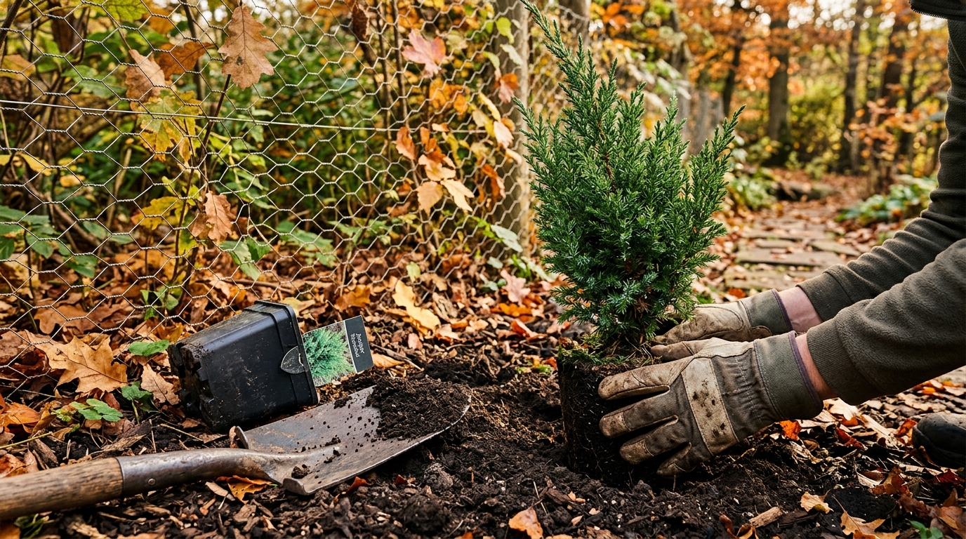 Mains gantées plantant un jeune arbuste près d'un grillage