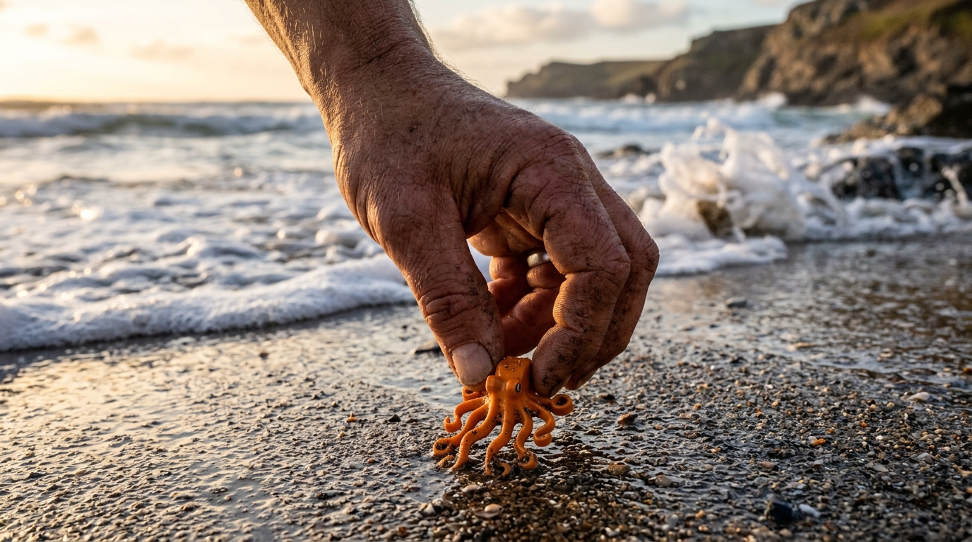 Une pièce Lego en forme de pieuvre trouvée sur le sable