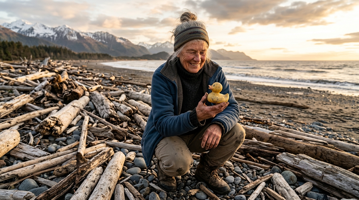 Un promeneur tient un vieux canard en plastique jaune sur la plage