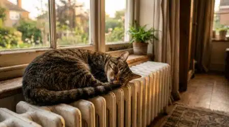 Chat tigré endormi sur un radiateur en fonte