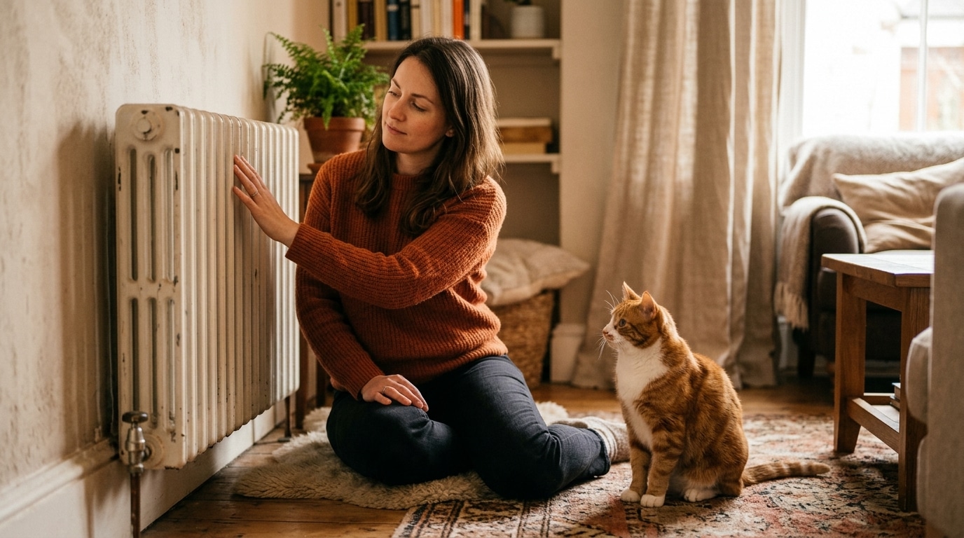 Femme testant la chaleur d'un radiateur devant son chat