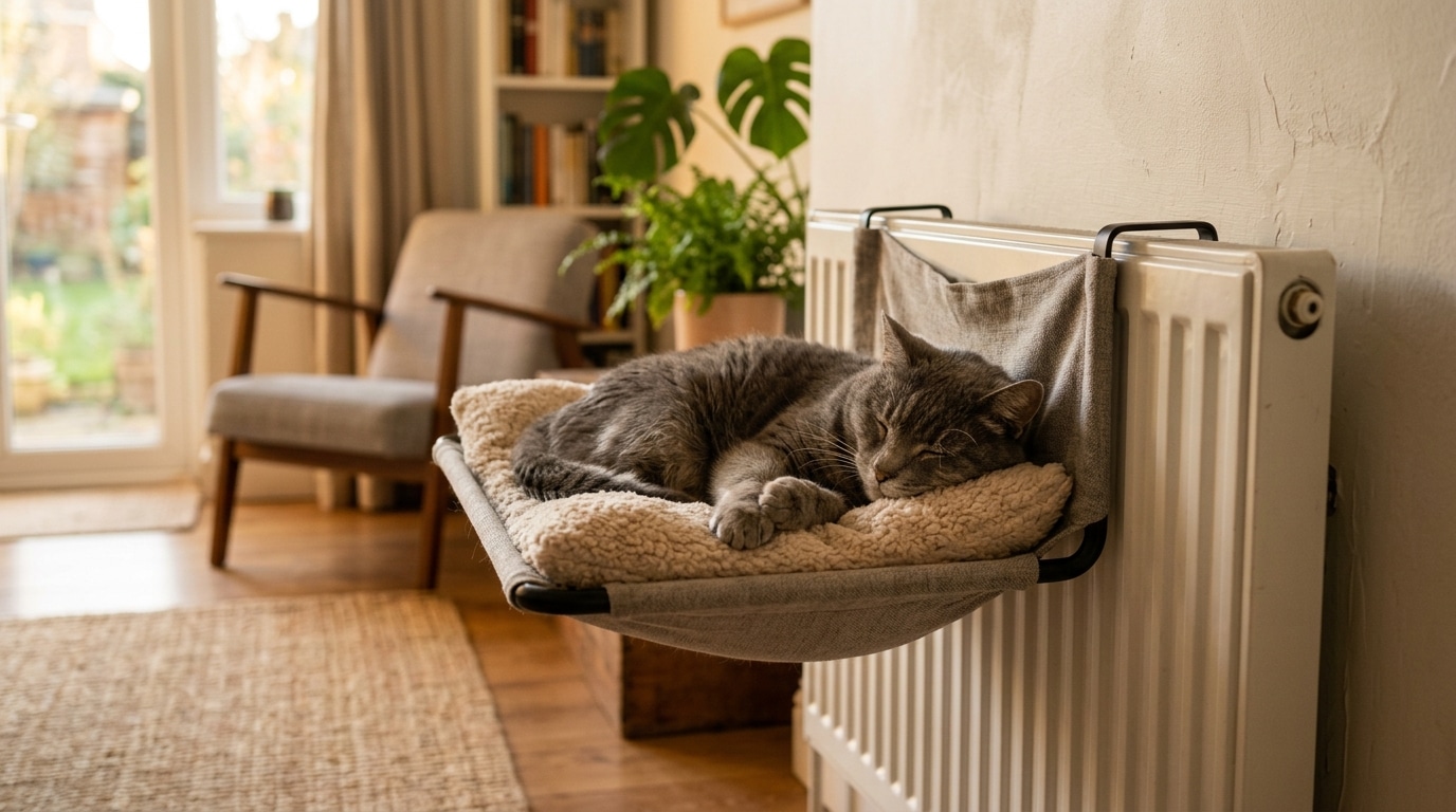 Chat âgé installé dans un hamac de radiateur