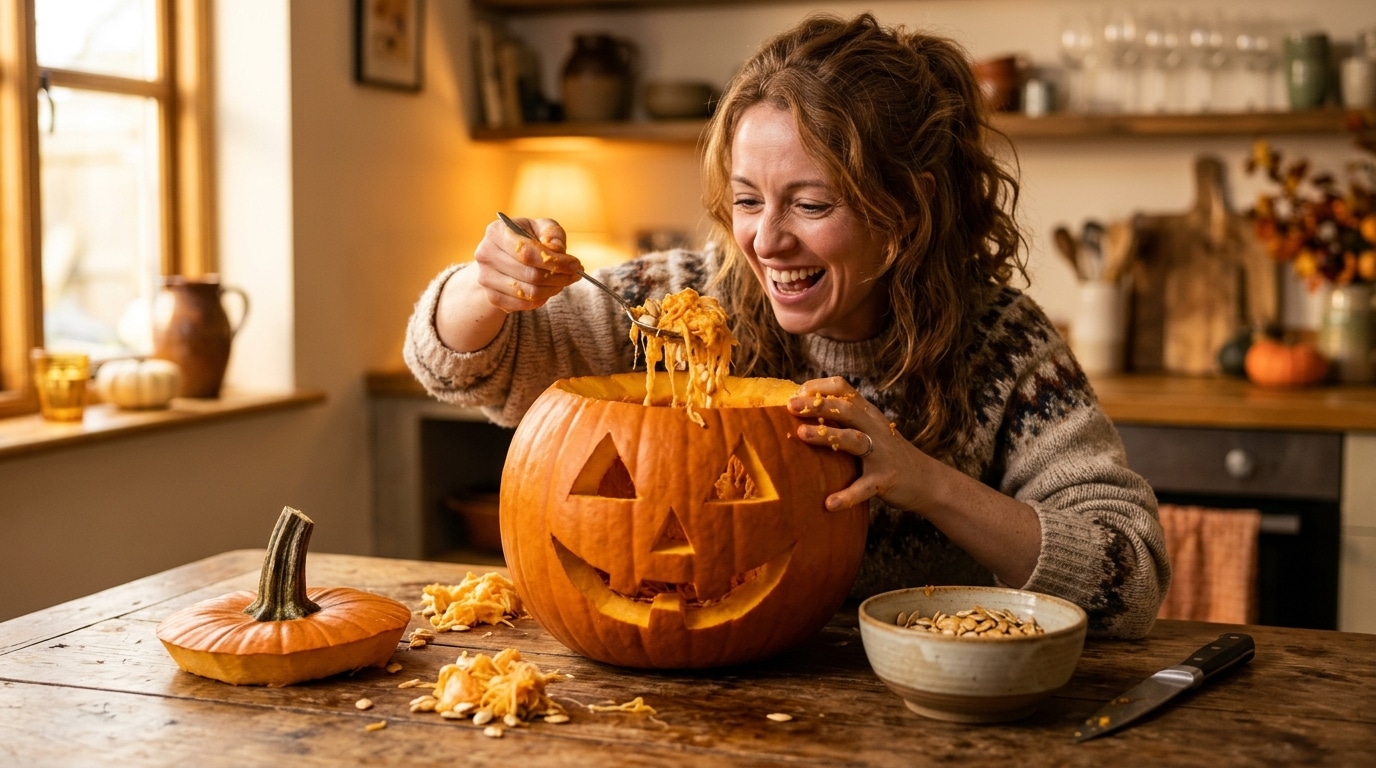 Femme creusant une citrouille d'Halloween à la cuillère