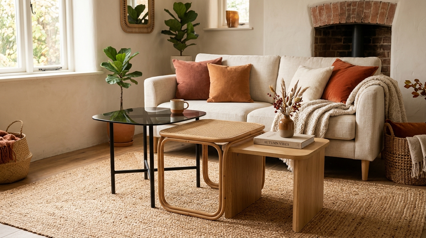 Trois tables gigognes en rotin, chêne et verre fumé