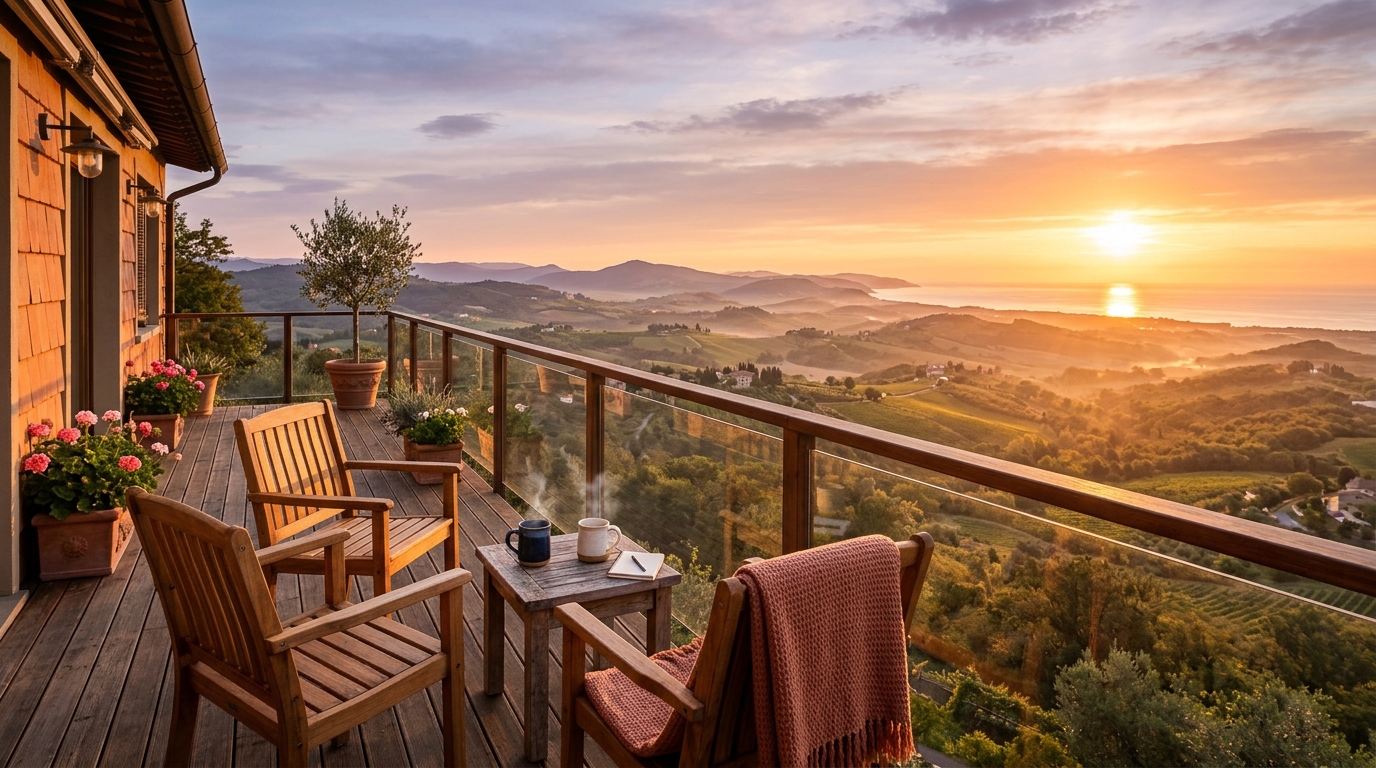 Balcon avec café et vue panoramique sur la vallée et l'océan
