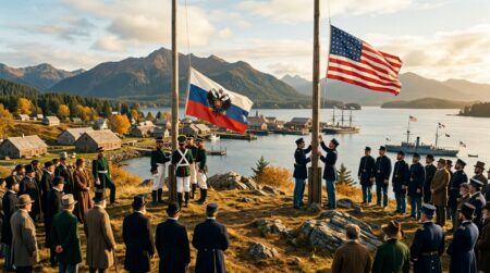 Cérémonie de passation du drapeau russe à Sitka en 1867