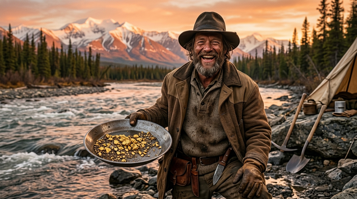 Chercheur d'or souriant avec une batée remplie de pépites en Alaska