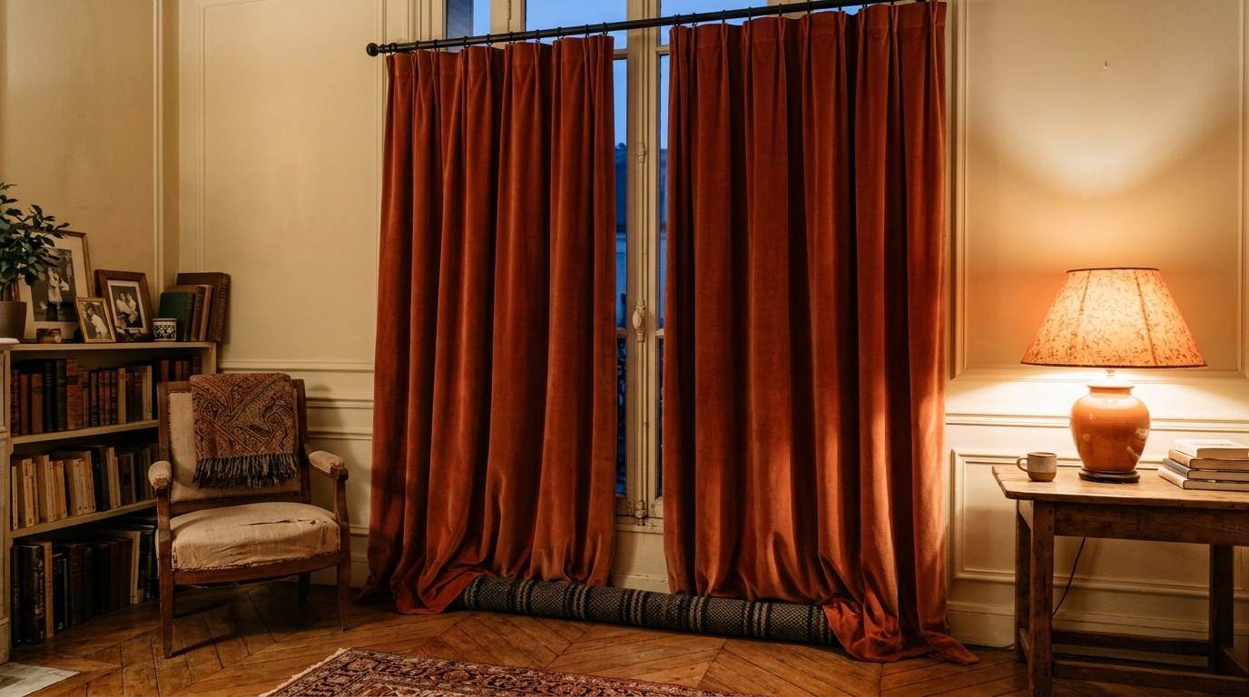 Rideaux épais en velours fermés devant une fenêtre au crépuscule
