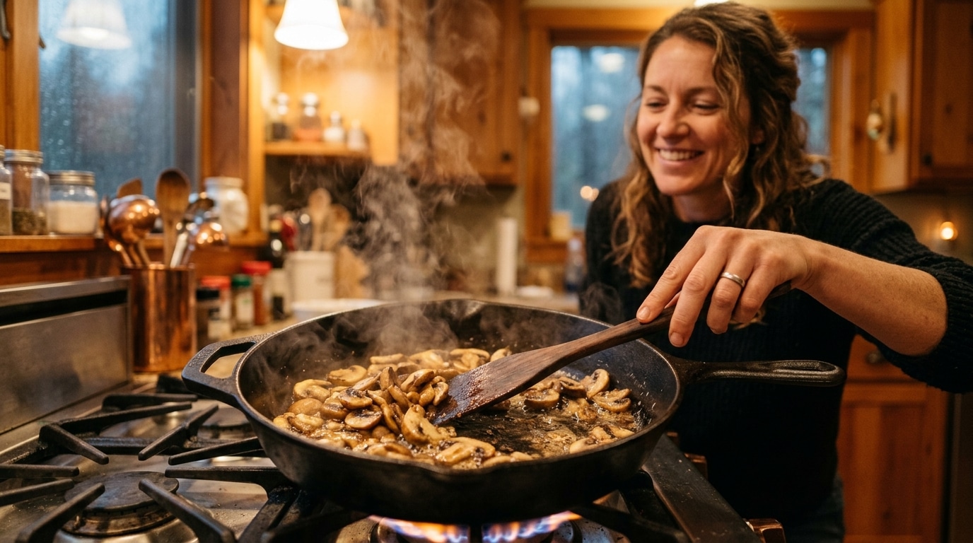 Champignons dorés revenant à la poêle dans le beurre
