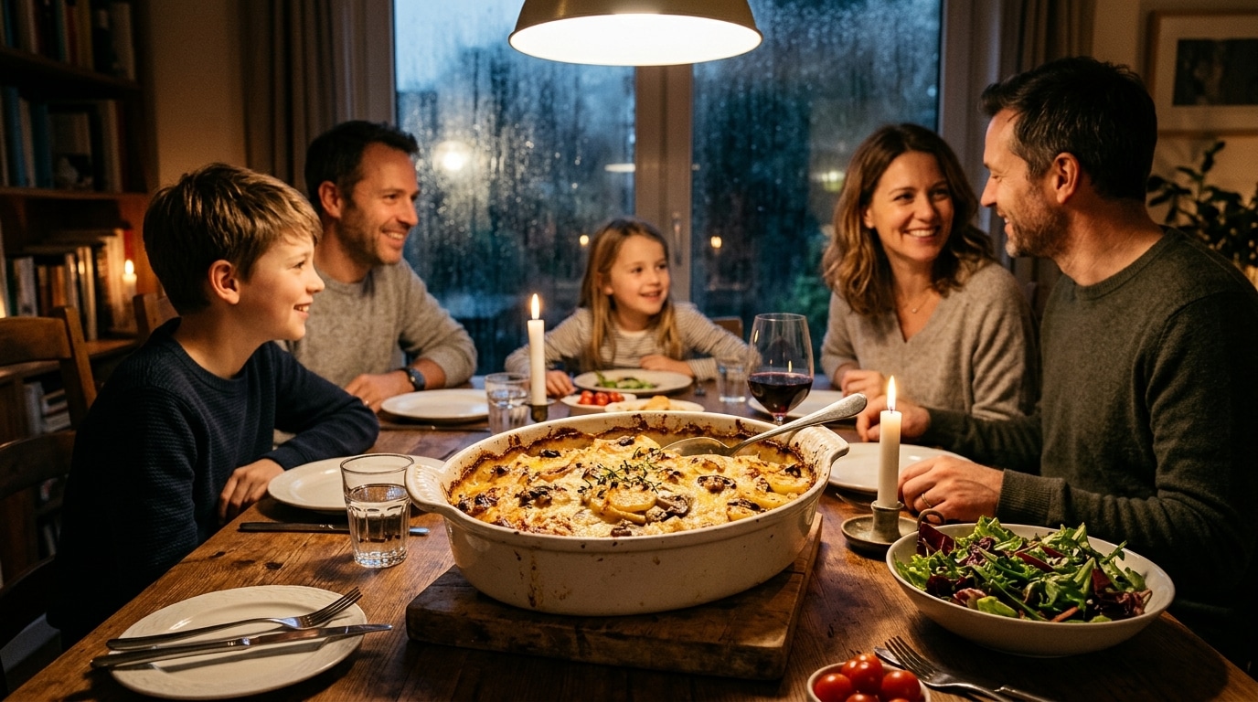 Gratin de pommes de terre et champignons doré servi en famille