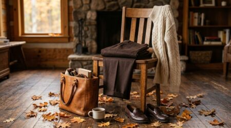 Pantalon marron plié sur une chaise en bois
