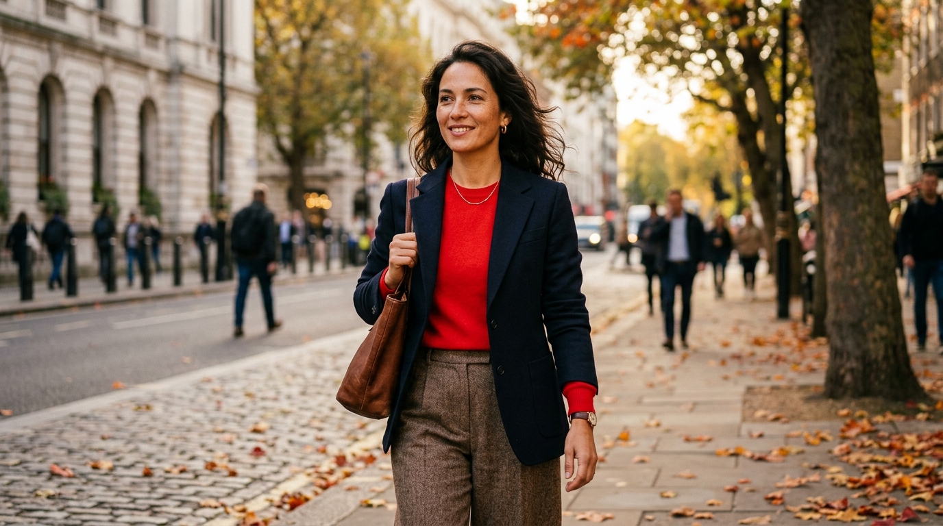Femme en pantalon marron, pull rouge et blazer