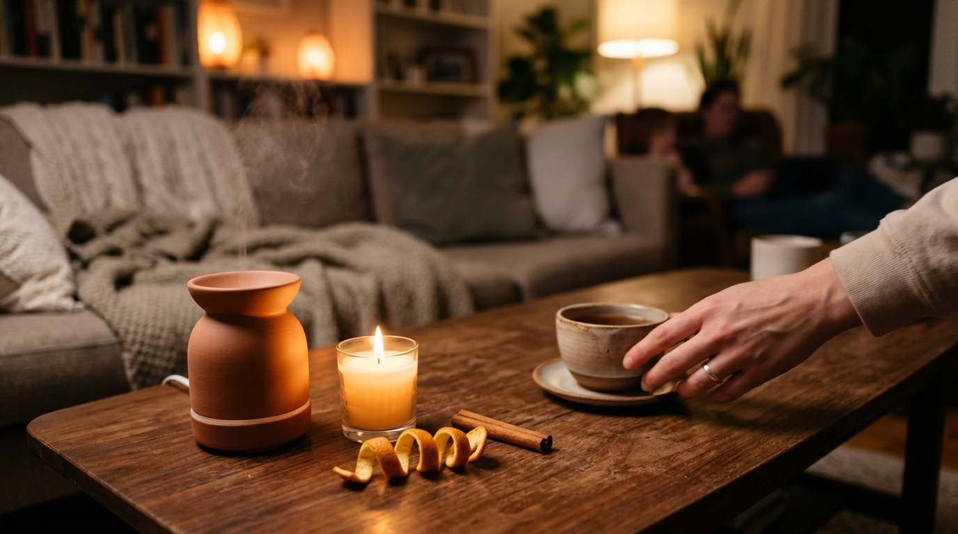Bougie allumée, orange et cannelle sur une table basse en bois