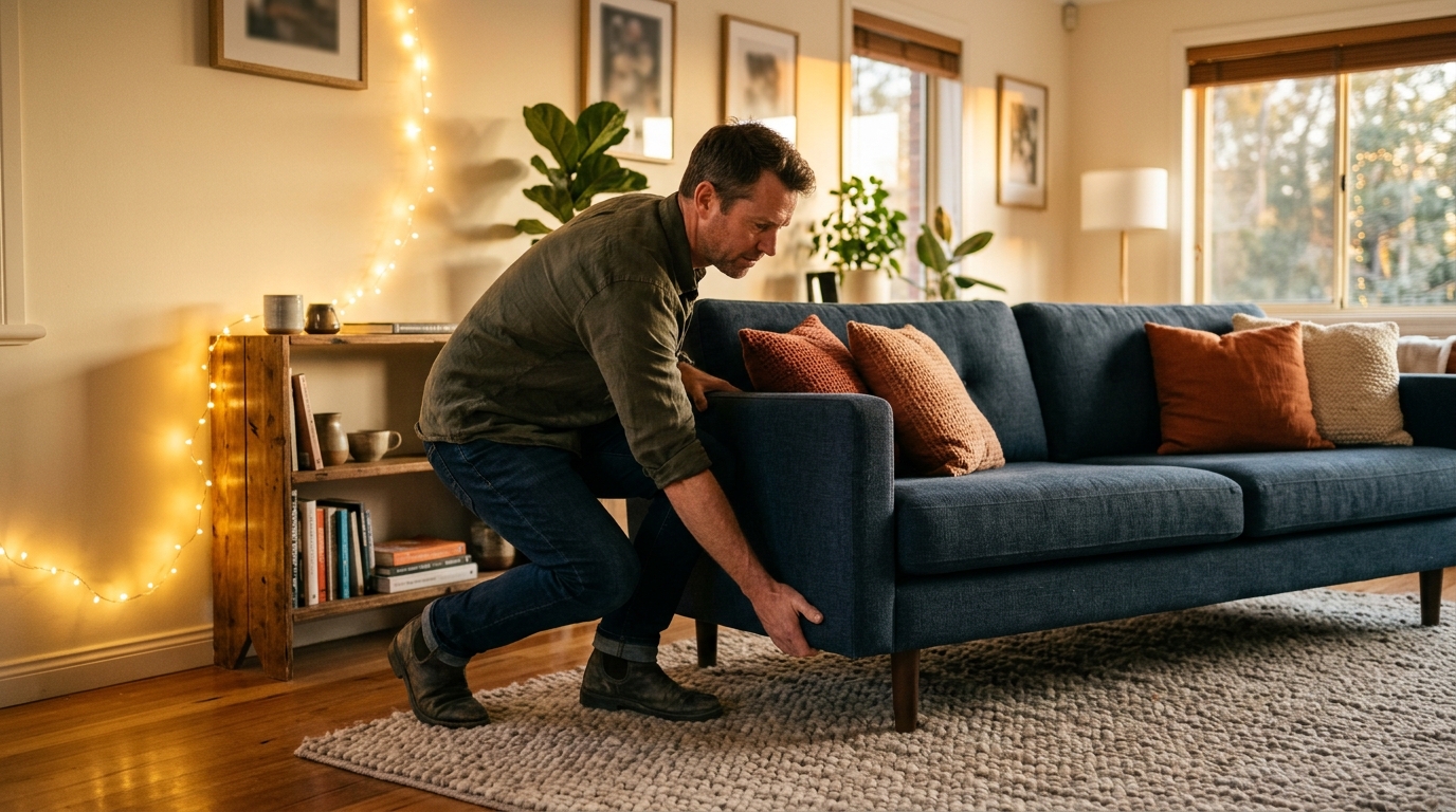 Homme déplaçant un canapé dans un salon cocooning aux lumières chaudes