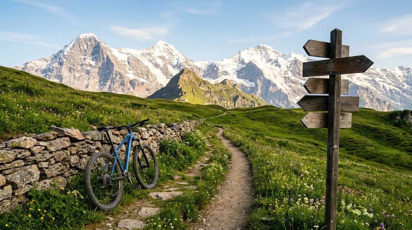 Sentier de montagne alpin vert avec vélo contre un muret