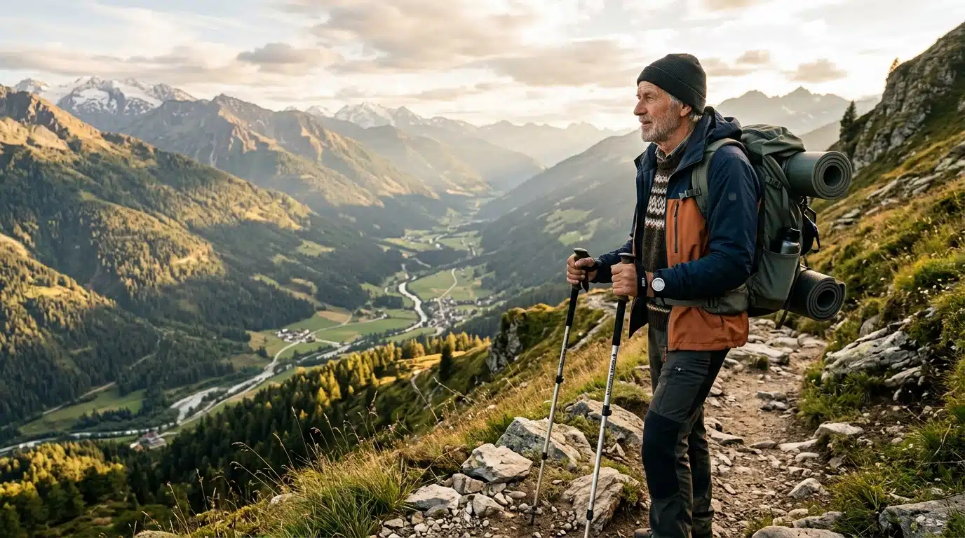 Randonneur senior serein face à une vallée alpine