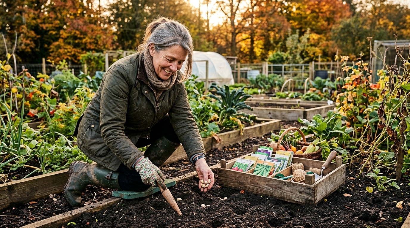 Jardinière semant des fèves dans un potager en automne