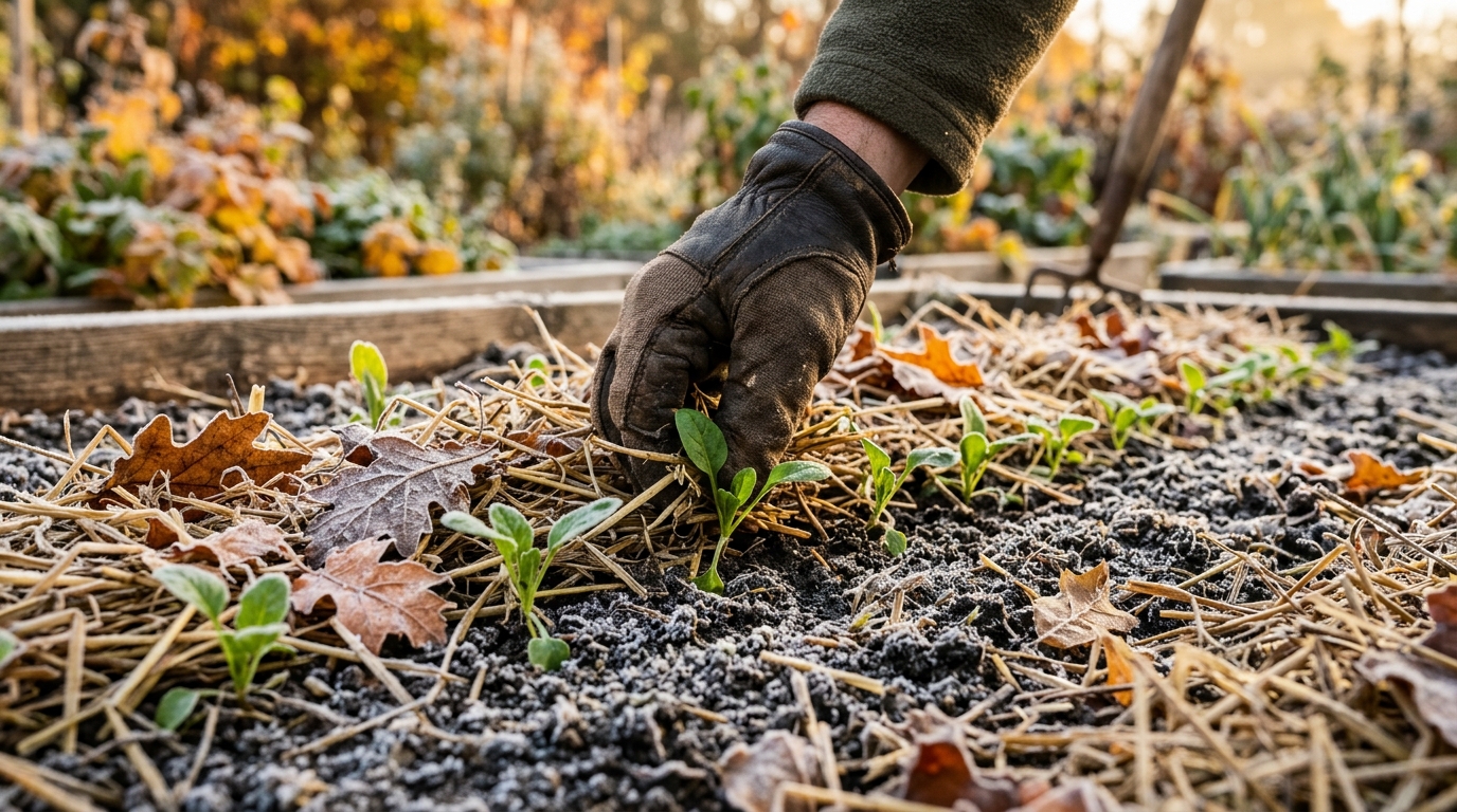 Jeunes pousses d'épinards et de mâche protégées par un paillage