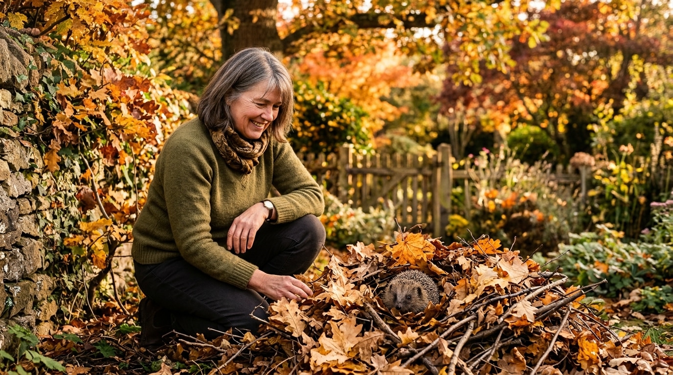 Femme près d'un tas de feuilles abritant un hérisson