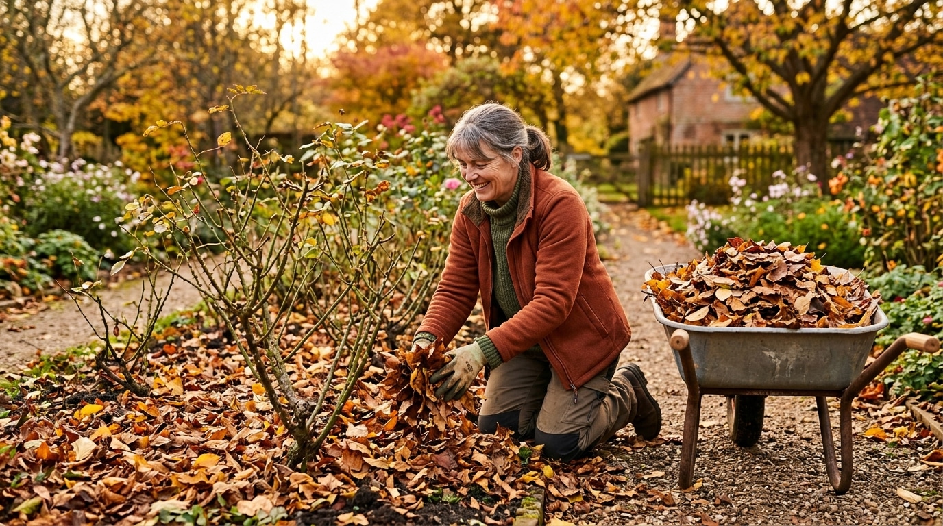Jardinier étalant des feuilles mortes au pied des rosiers