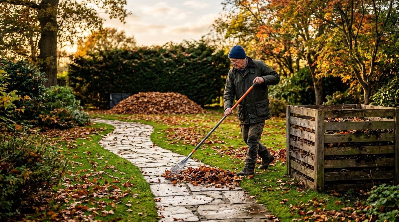 Homme ramassant les feuilles de la pelouse et de l'allée