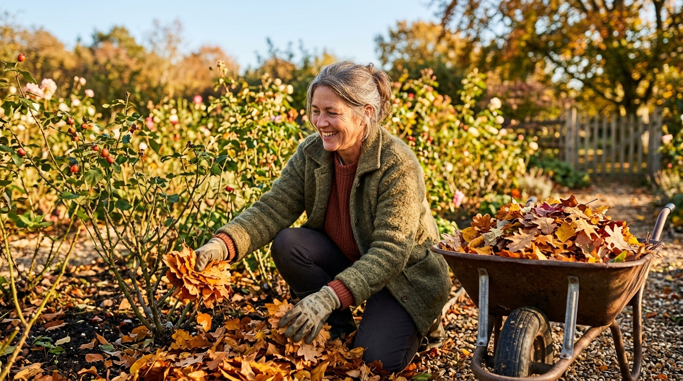 Femme étalant des feuilles mortes au pied des rosiers
