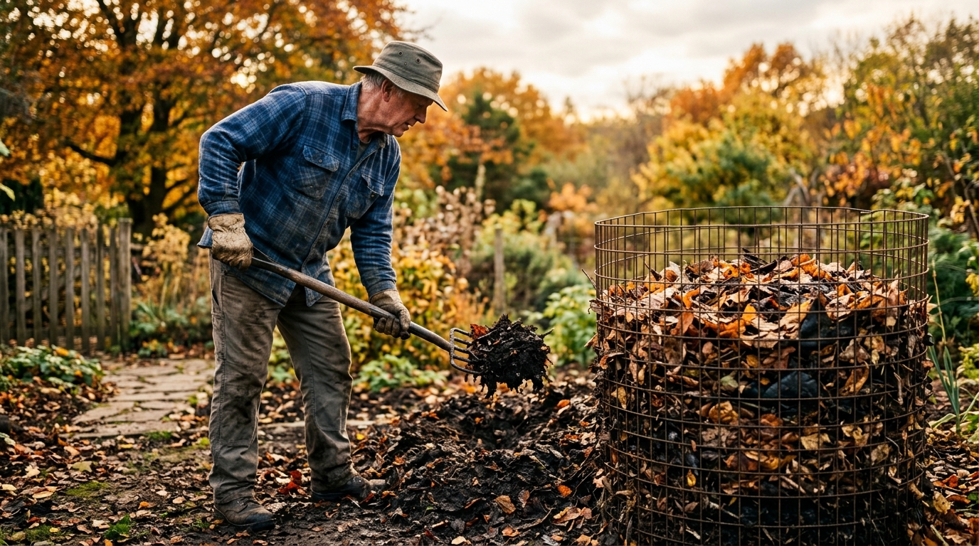 Jardinier retournant du terreau de feuilles dans un bac grillagé