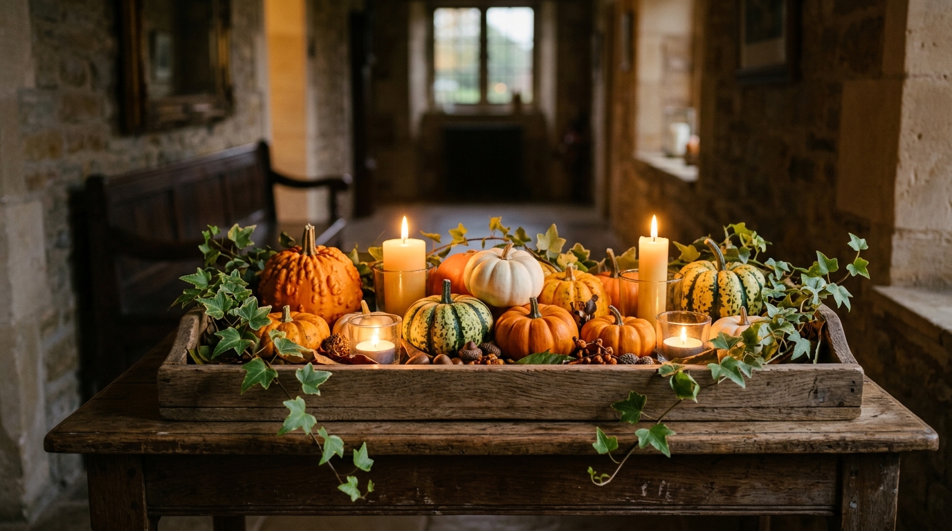 Plateau de courges, lierre et bougies allumées