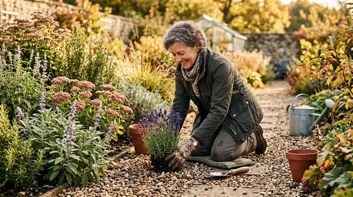 Jardinière plantant de la lavande en automne dans une terre drainante