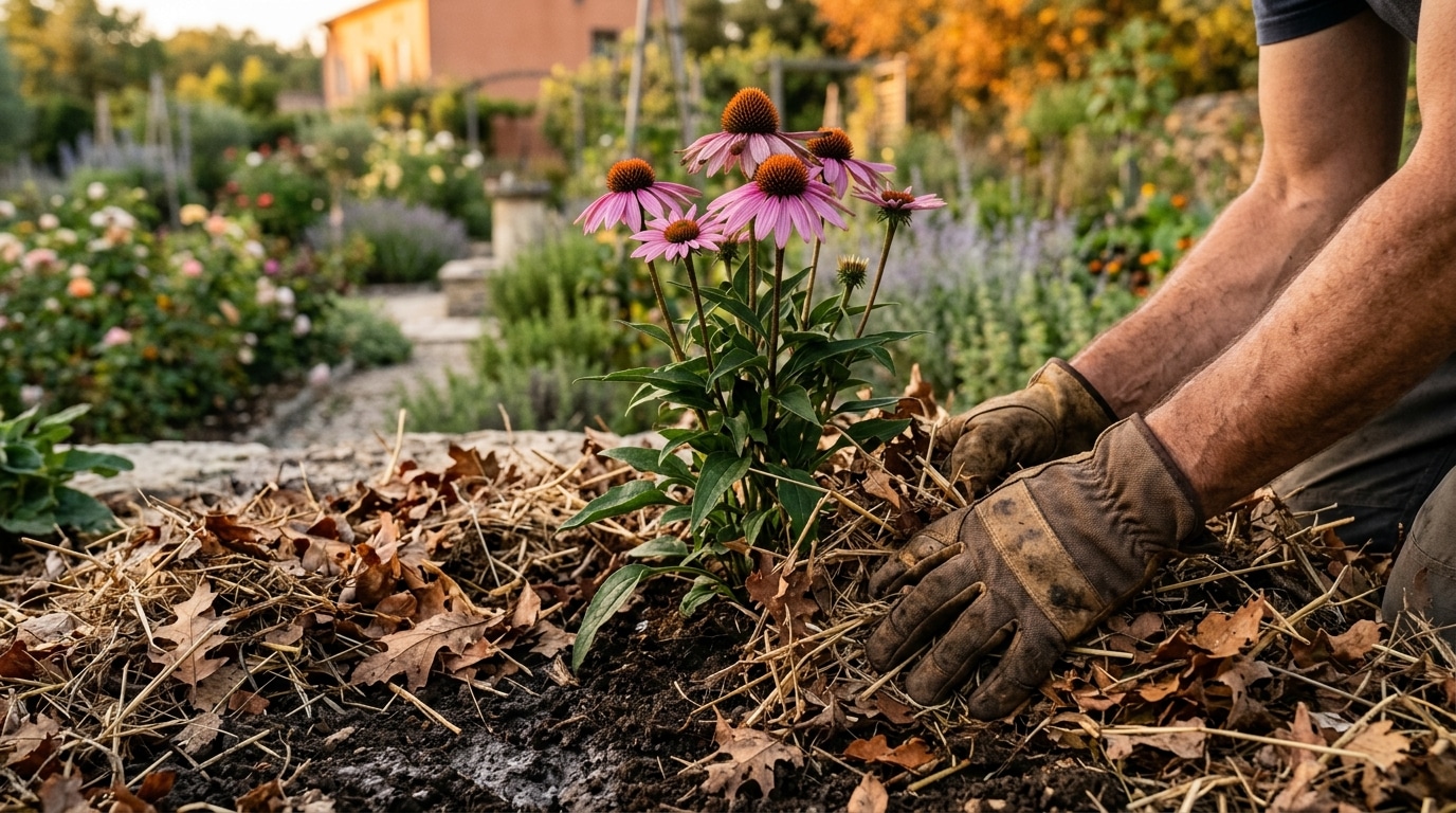 Mains paillant le pied d'une échinacée fraîchement plantée