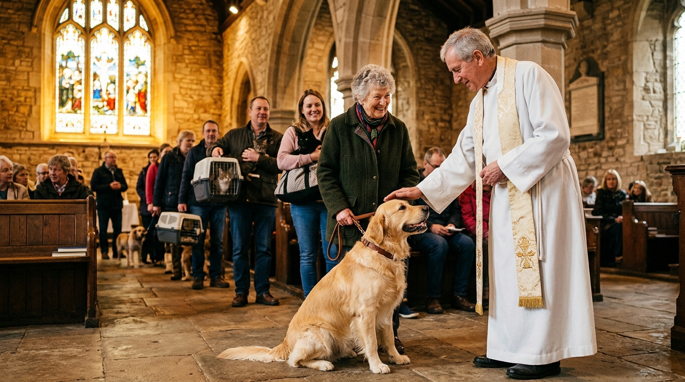 Prêtre bénissant un chien dans une église